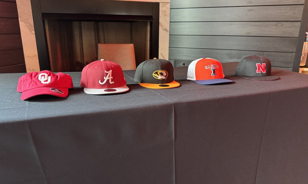 The hats on the table for four-star St. Louis DB Jacob Eberhart for his 6 pm CT announcement: Oklahoma, Alabama, Missouri, #illini and Nebraska