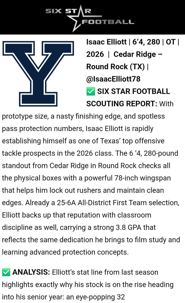 IsaacElliott78's tweet photo. Thank you for write-up!  @sixstarfootball @CoachVardeman @RRCRFootball @CoachRenoYale @Bigstef72 @_CoachMunch @cdavie51 @ChrisBergeski @CoachScrivens @AJ_Hopp @KurtTraylor   @coachjthomas11 @Coach__Myers  @CoachShoeOL @GJKinne @AaronGreen22 @CoachNealy @TrustMyEyesO @CoachGat3Wood @CoachGuillermo_  @CoachZAllen  @SFACoachGraf  @Bigvin78 @CoachPeterGray @MKHART17 @CoachMGoff @treyee__ @tmatthews16 @CoachMLeonard @var_austin @AWilliamsUSA @MaxPreps. @MikeRoach247 @247Sports @247recruiting