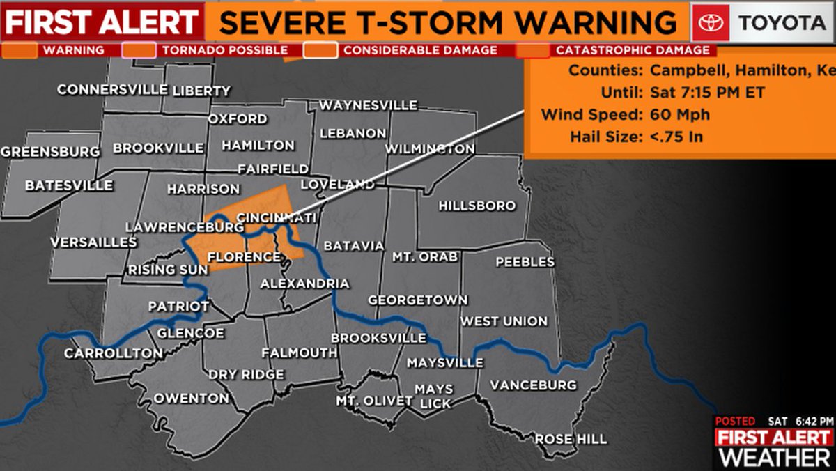 A *SEVERE T-STORM WARNING* has been issued for highlighted areas of the FOX19 NOW viewing area. SEEK SHELTER NOW IF YOU'RE IN THE HIGHLIGHTED AREA! For more information, please go to fox19.com/weather &amp; stay up to date on the First Alert Weather app! #cincywx #FirstAlert
