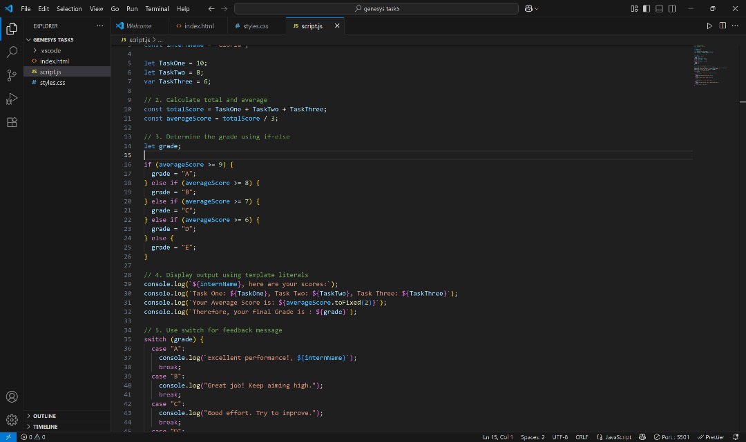 I just rounded my week 5 task on the genesys upskill program. I practiced the if..else and switch statements in JavaScript. I was also attentive to writing a clean code with appropriate comments. We keep learning everyday.
<a href="/genesystechhub/">Genesys Tech Hub</a> <a href="/Bruce1Offordile/">Chibuike Divine Offordile</a> <a href="/TonySage339/">Tony Sage</a> <a href="/JoyOgbanya/">CodeGramIt</a>