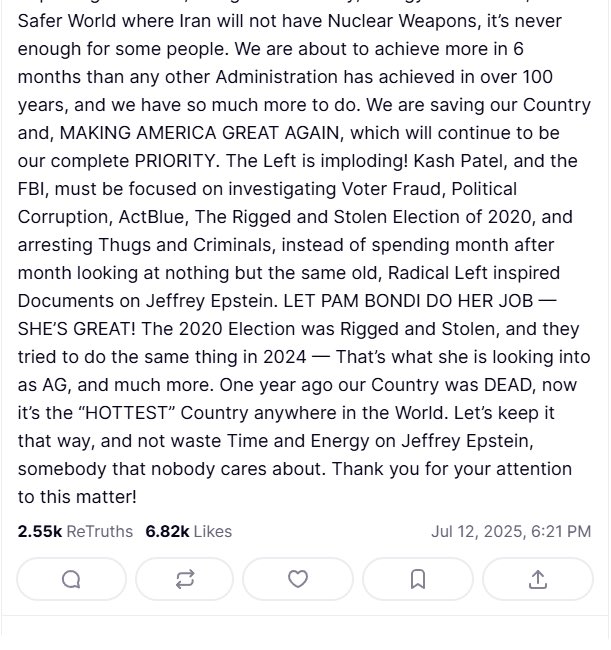 💥💥刚刚，美国川普总统发文，对现在正在发酵的爱泼斯坦档案事件，做了明确的表态：