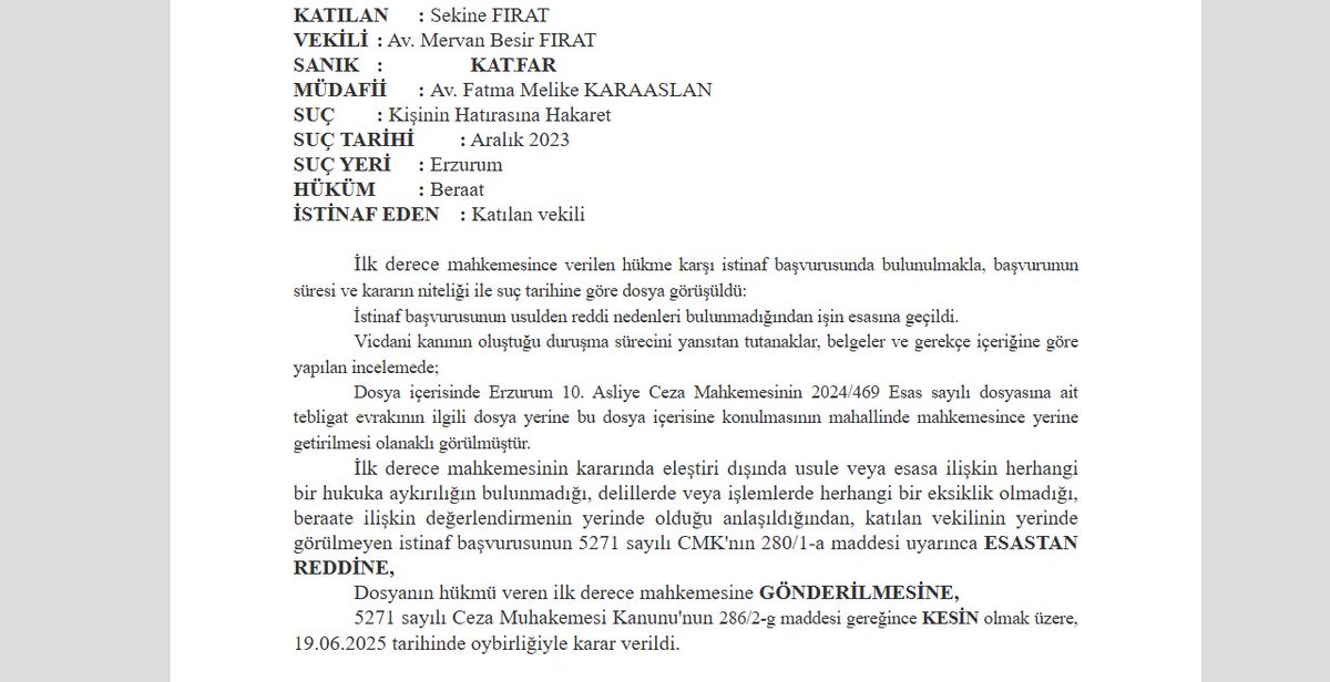 şeyh said'in torunu ve Akp Erzurum milletvekili Abdurrahim Fırat'ın "said'in hatırasına hakaretten" şahsıma açtığı davadan (dava, itiraz ve istinaf) bugün 3ncü kere BERAAT aldım.
Katfar: 3
said: 0