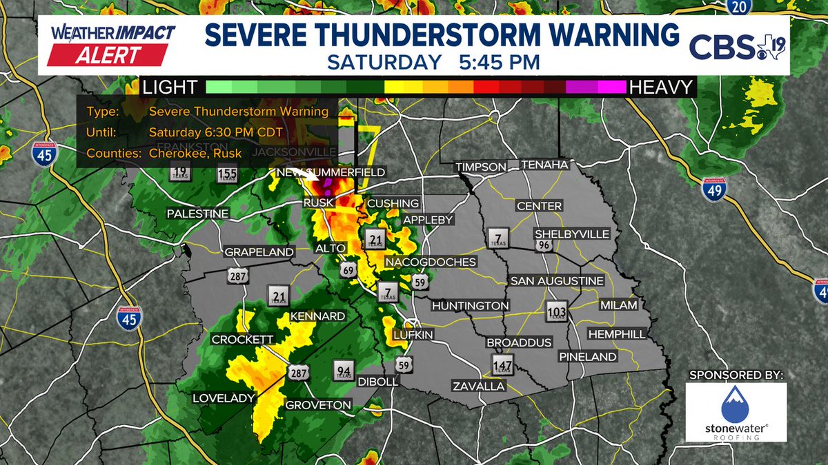 BrettCBS19's tweet image. A SEVERE THUNDERSTORM WARNING has been issued. Immediate details are in the picture below, more information on our website at cbs19.tv/weather
#CBS19 #TXwx #ETXwx #EastTexas #Severe #Weather #ETXWeather