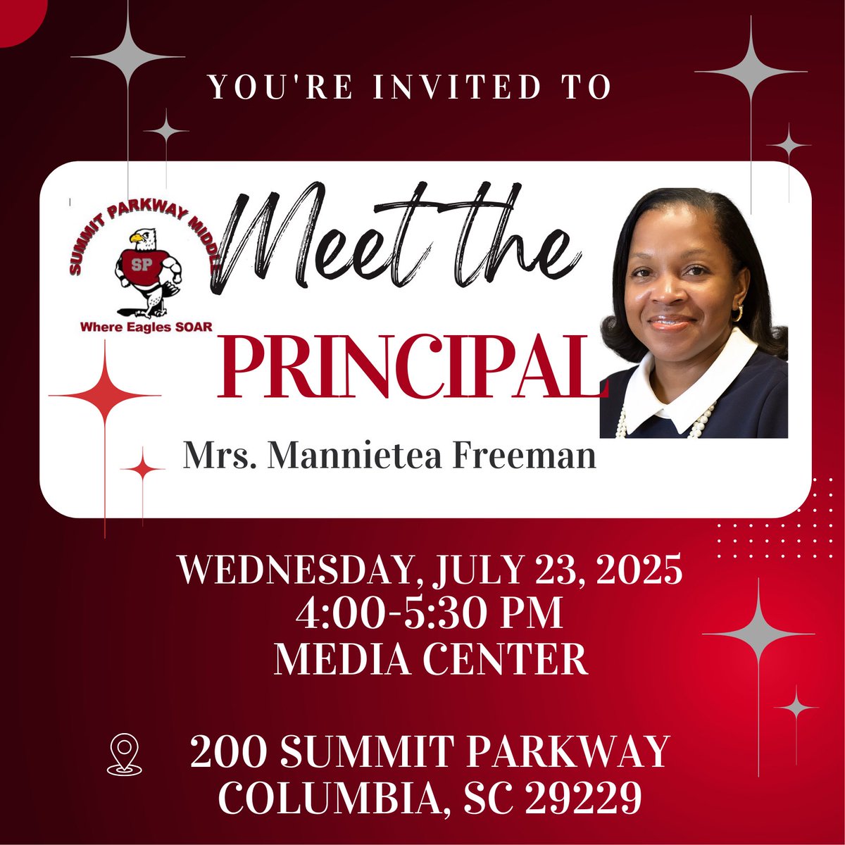 Longleaf Middle (@longleafmiddle) on Twitter photo Summit Parkway Middle School Community- Come out on July 23 from 4pm - 5:30pm to support your new principal- Mrs. Mannietea Curry Freeman. <a href="/spmeagles/">SummitParkway Middle</a> <a href="/RichlandTwo/">Richland School District Two</a> Summit Parkway Middle School Community- Come out on July 23 from 4pm - 5:30pm to support your new principal- Mrs. Mannietea Curry Freeman. <a href="/spmeagles/">SummitParkway Middle</a> <a href="/RichlandTwo/">Richland School District Two</a>