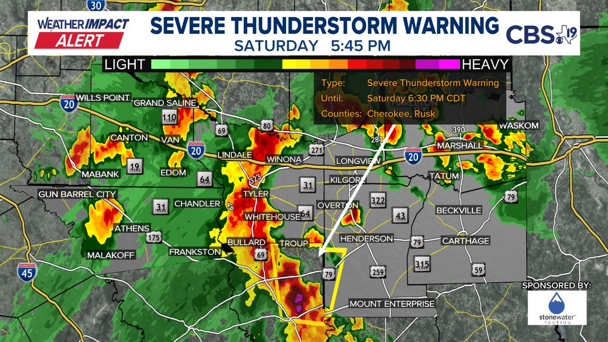BrettCBS19's tweet image. A SEVERE THUNDERSTORM WARNING has been issued. Immediate details are in the picture below, more information on our website at cbs19.tv/weather
#CBS19 #TXwx #ETXwx #EastTexas #Severe #Weather #ETXWeather