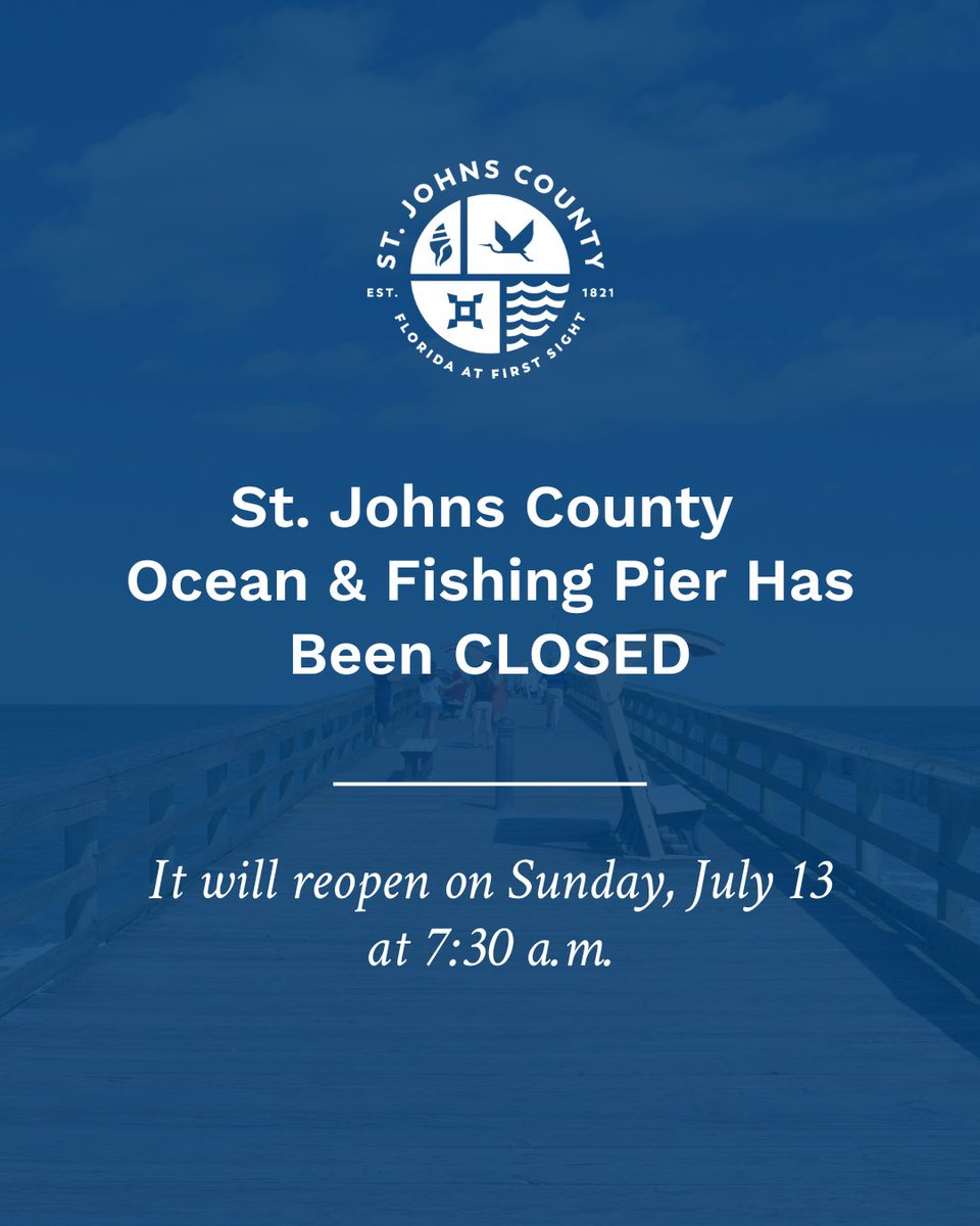 The St. Johns County Ocean &amp; Fishing Pier has been CLOSED as precautionary effort for public safety due to incidents caused by inclement weather conditions.  It is scheduled to reopen on Sunday, July 13 at 7:30 a.m. We apologize for any inconvenience.

@sjcfirerescue

#MySJCFL