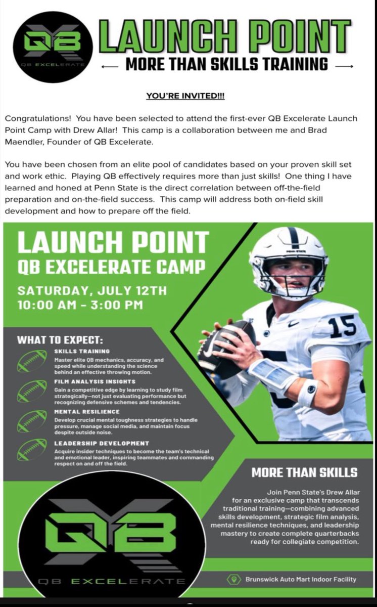 The first annual QBX Launch Point Camp with Drew Allar was a big success! 

The participants walked away with invaluable insights on how to watch film, prepare for opponents, body recovery and managing the demands of being a college athlete…and more!

Huge shoutout to Drew,
