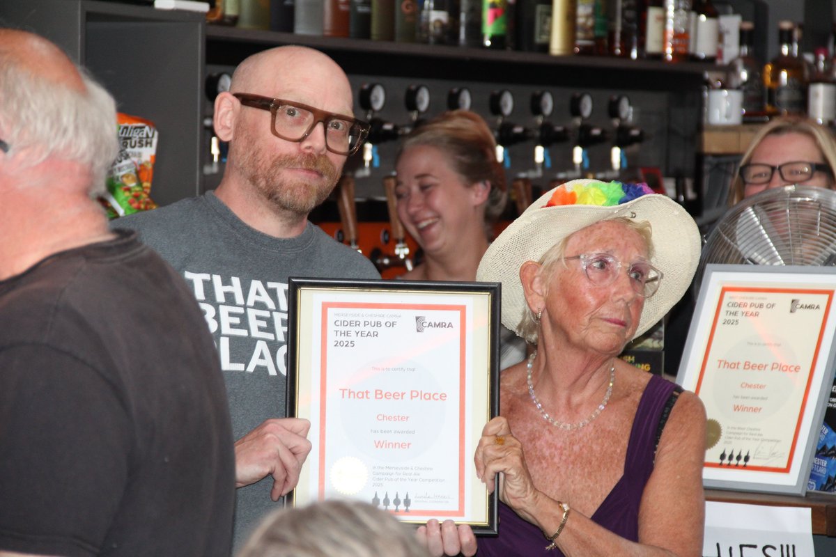 CamraChester's tweet image. Fab afternoon @ThatBeerPlaceHQ celebrating the @CAMRA_Official Merseyside and Cheshire Cider POTY award. Congrats to Dale and Lisa and the rest of the team and best of luck for the unprecedented consec. National POTY. Great to have such a big group from @StHelensCAMRA with us.