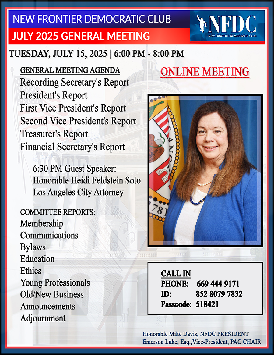 Join us this Tuesday, July 15th for our ONLINE general monthly meeting w/Guest Speaker Honorable Heidi Feldstein Soto, Los Angeles City Attorney. That's this Tuesday @ 6PM. For more information >> nfdc.live/Flyer