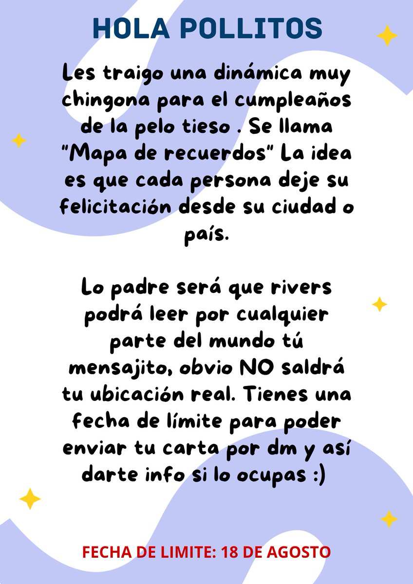 Hola pollos, les dejo está dinámica para que participen🫶🏻, abajo les dejaré un video para que vean de que trata. 

y plis den un RT Y LIKE🚨 así se puede unir más personas, también si gustan ya me pueden enviar su cartita por dm :))