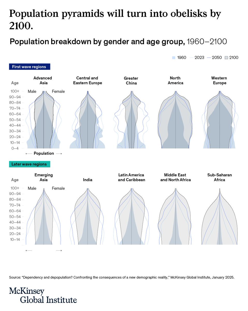 As the world's population ages, the shape of population “pyramids” is changing.

In most regions, these structures now resemble shallots. In more economically advanced ones, obelisks.

How will these changes impact societies and economies? mck.co/demographics