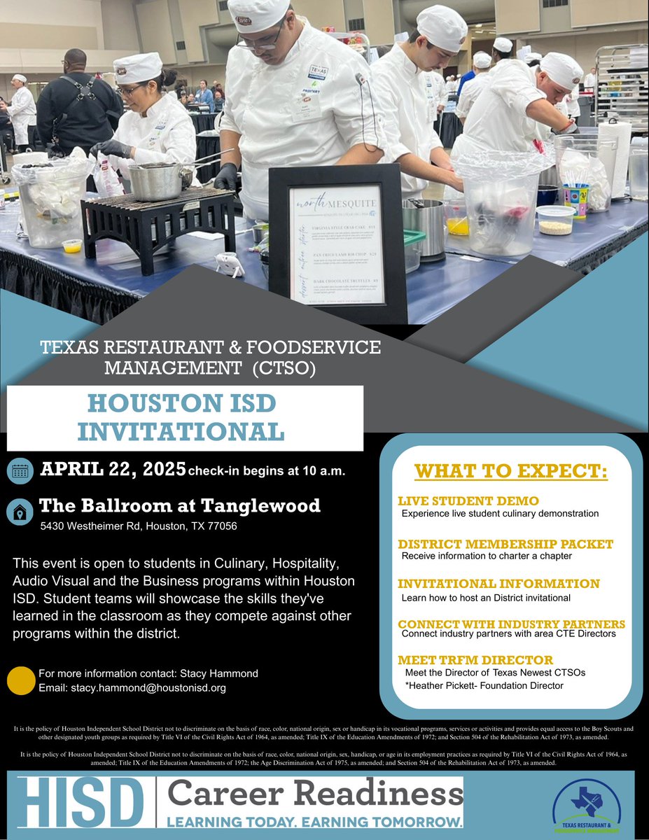 Excel_Hammond's tweet photo. What a year! I wrote and secured a grant from TEA to establish a new CTSO for our culinary &amp; hospitality students, organized an invitational to showcase their talents using the awarded funds, and now launching recruitment for the 25–26 school year. @HISDCTE  @texascte #weAREcte https://t.co/Cd3Y6yo3fp
