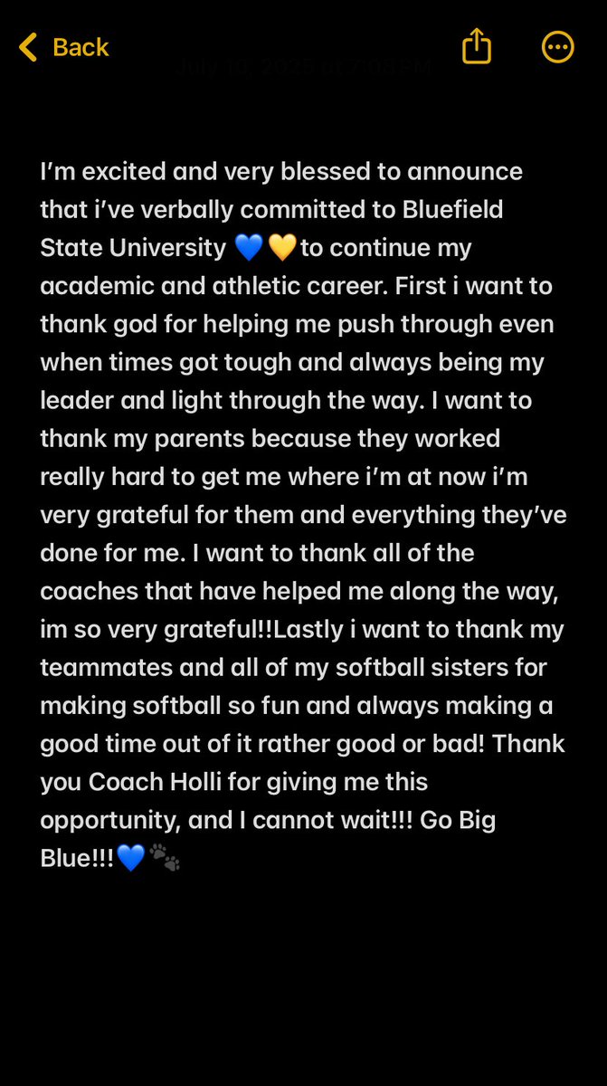 Excited and blessed to say i’ve verbally committed to Bluefield state University!! I cannot wait for the next chapter! <a href="/BStateBigBlueSB/">Bluefield State University Softball</a> <a href="/CoachH0LLI/">Coach Holli</a> #committed