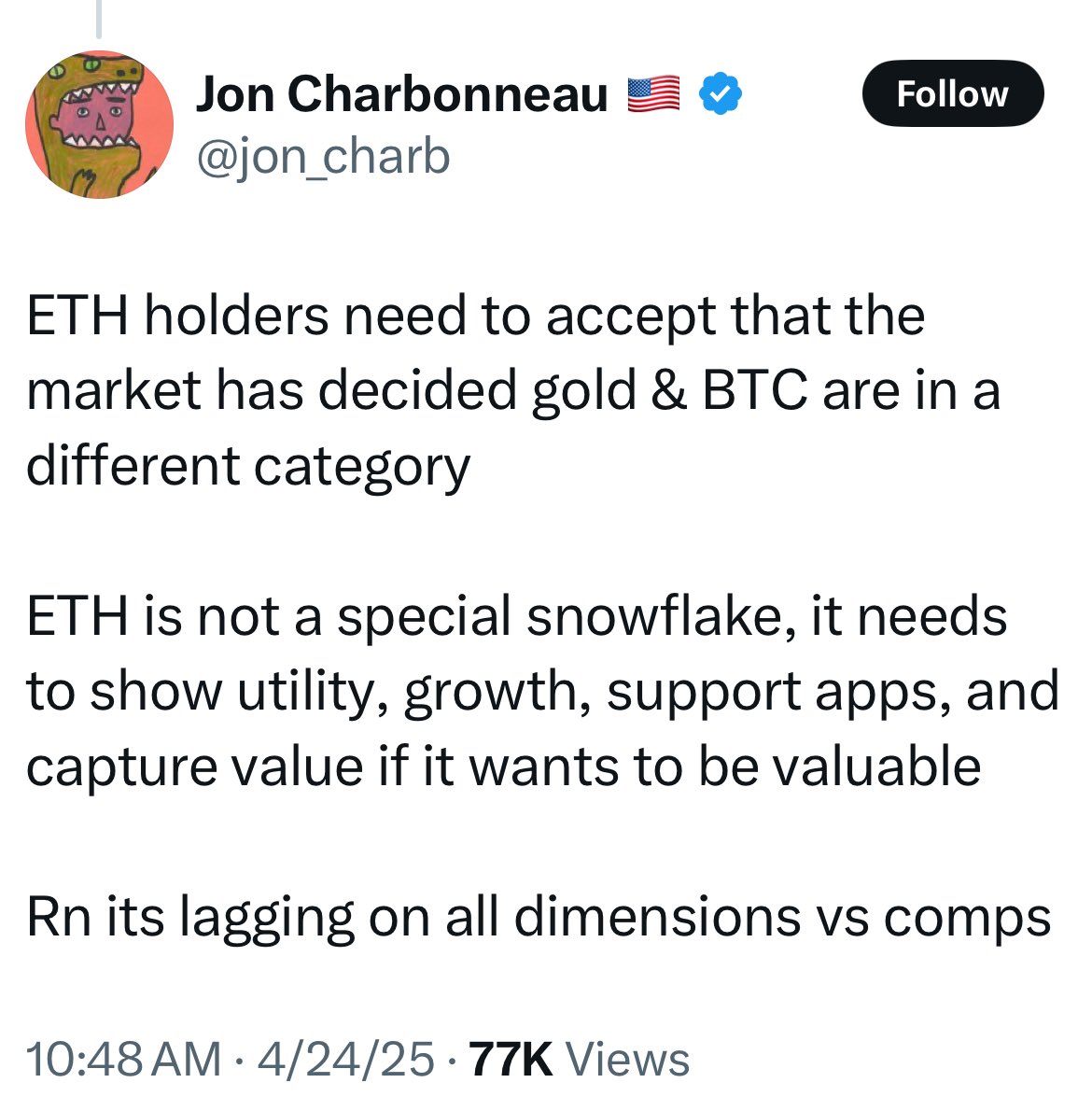 I don’t follow any of these guys because they don’t have cypherpunk values and only care about their VC bags/memecoins/extracting $ (i.e. everything wrong with this space), but I’m thinking maybe I should since they appear to be solid ETH bottom indicators.