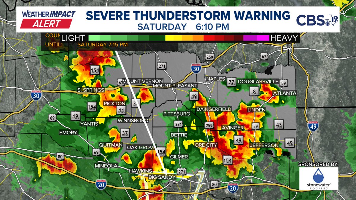 BrettCBS19's tweet image. A SEVERE THUNDERSTORM WARNING has been issued. Immediate details are in the picture below, more information on our website at cbs19.tv/weather
#CBS19 #TXwx #ETXwx #EastTexas #Severe #Weather #ETXWeather