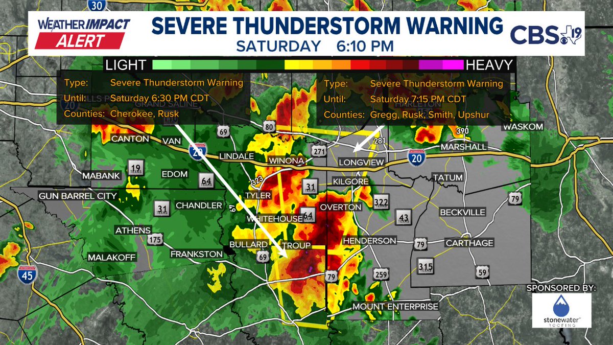 BrettCBS19's tweet image. A SEVERE THUNDERSTORM WARNING has been issued. Immediate details are in the picture below, more information on our website at cbs19.tv/weather
#CBS19 #TXwx #ETXwx #EastTexas #Severe #Weather #ETXWeather