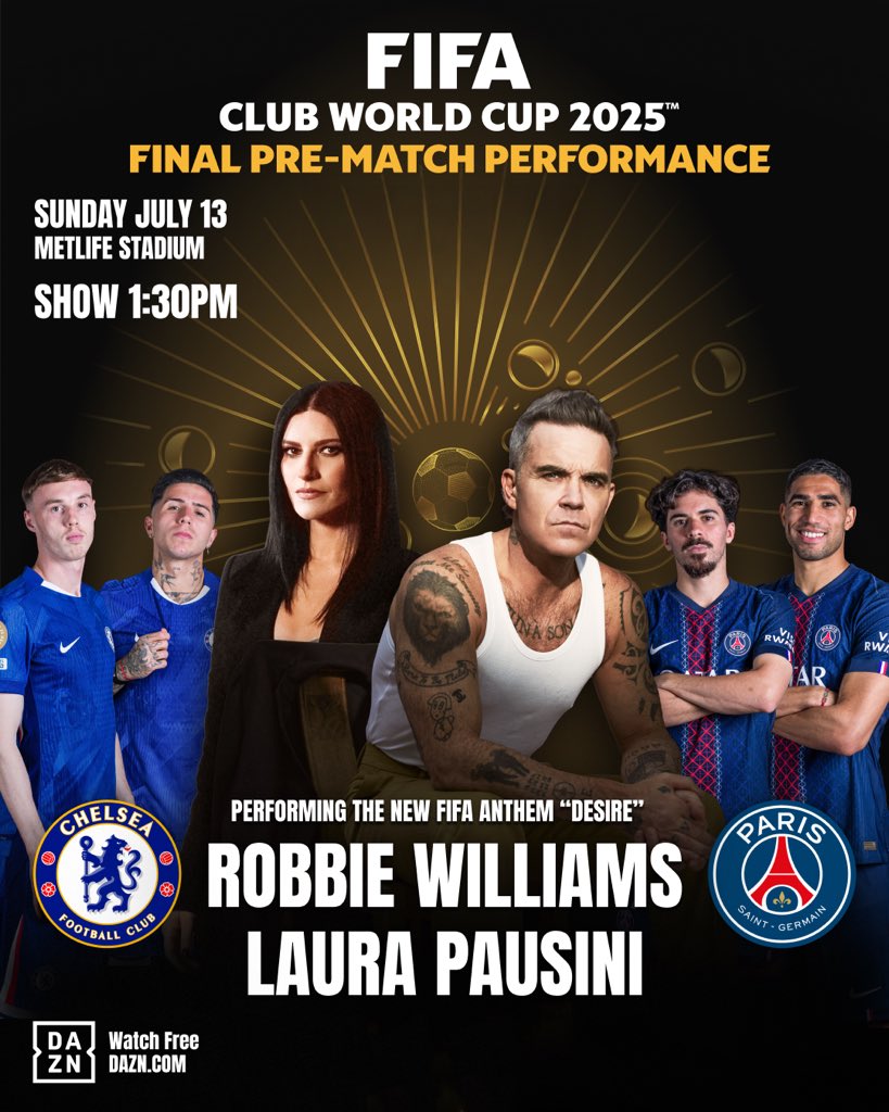 LauraPausini's tweet image. .#FIFA, Club World Cup Performance 2025
FINAL PRE-MATCH PERFORMANCE - @robbiewilliams and I will perform Desire live for the first time.
Tomorrow, Sunday July 13, 1.30pm EST
#FIFAWorldCup2025
#OpeningCeremony
#Desire
@FIFAcom