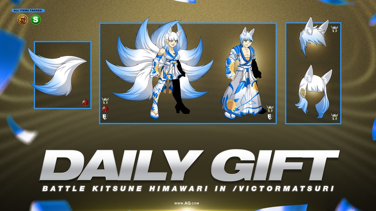 Don't miss Saturday's Daily Login Gift! Battle the Kitsune Himawari in the /victormatsuri map through August 31st to collect all the pieces of the seasonal Sunflower Kimono set. AQ.com