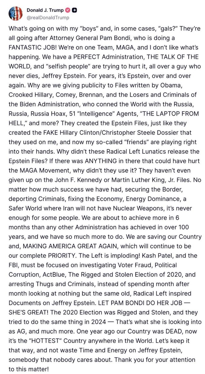 PhillyD's tweet image. The more Trump talks about Epstein, the weirder and guiltier he comes off.
Now the Epstein list was made by Obama and Hillary? And no one cares about Epstein even though Trump and his people pushed this?
Even his supporters on Truth Social are like wtf are you talking about.