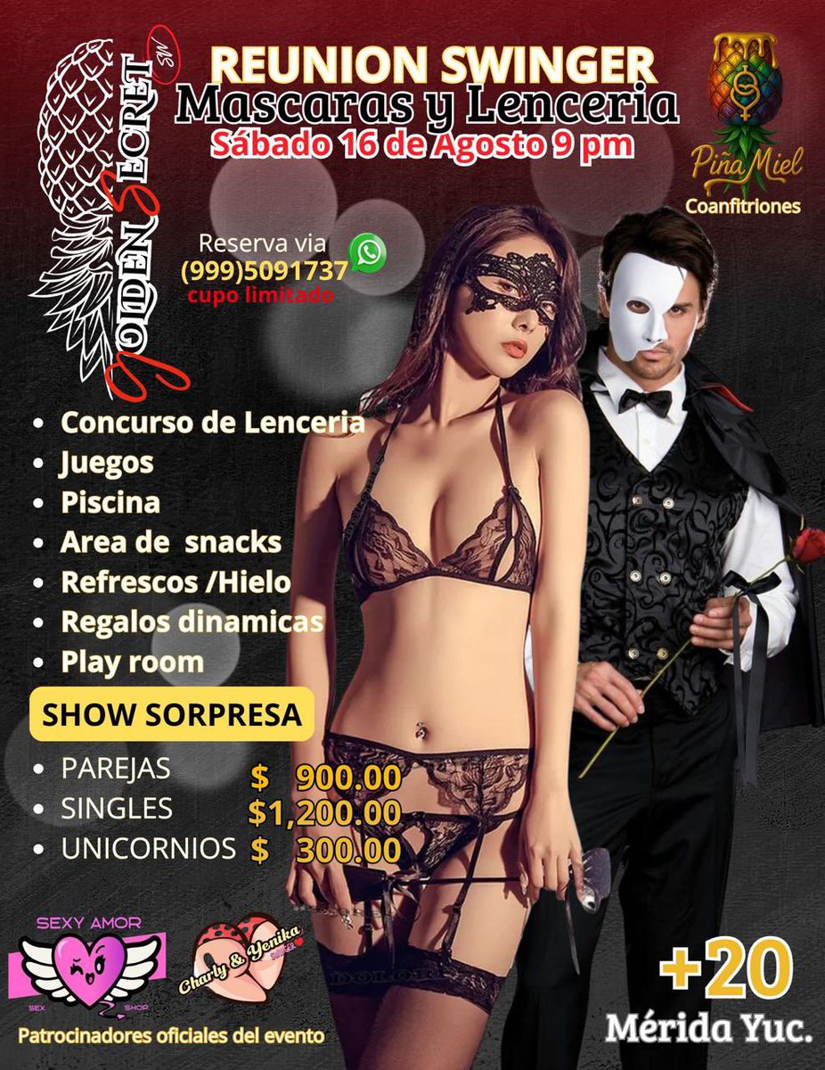GoldenSecretSW's tweet image. Amigos los invitamos a la primera reunión realizada por #Goldensecret este próximo sábado 16 de agosto. La temática es antifaces y lencería, tendremos actividades juegos barra de snacks. Como coanfitriones @Saborpinamiel1  patrocinadores oficiales @SexShopSexyAmor  y @yeniqa2