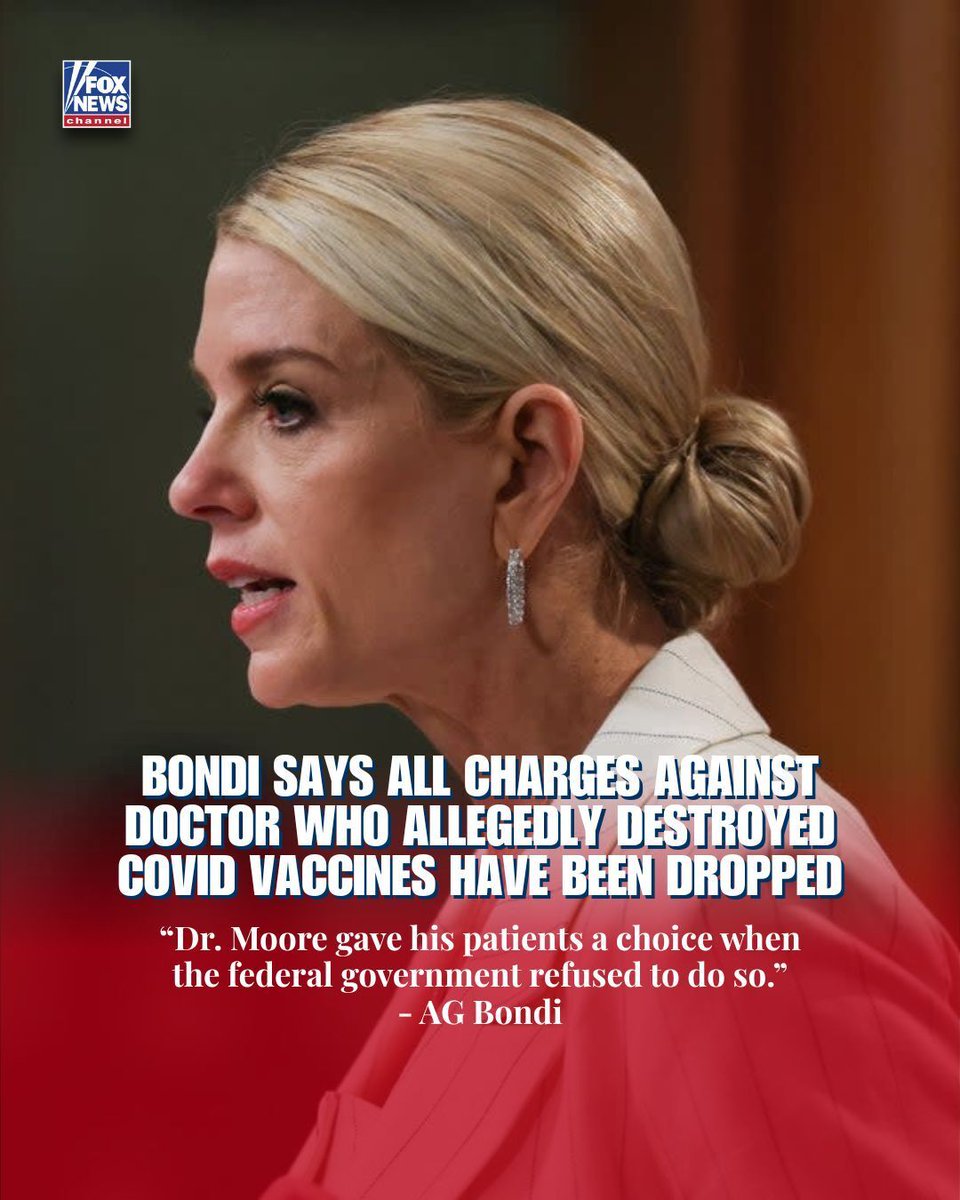 Fox News (@foxnews) on Twitter photo FOLLOWING THE SCIENCE: America’s top lawyer, <a href="/AGPamBondi/">Attorney General Pamela Bondi</a>, torches Biden’s DOJ for weaponizing charges accusing Dr. Kirk Moore of running a fake vaccine card scheme — dropping the case. <a href="/realDonaldTrump/">Donald J. Trump</a>’s Attorney General vows to crush government tyranny and protect Americans from FOLLOWING THE SCIENCE: America’s top lawyer, <a href="/AGPamBondi/">Attorney General Pamela Bondi</a>, torches Biden’s DOJ for weaponizing charges accusing Dr. Kirk Moore of running a fake vaccine card scheme — dropping the case. <a href="/realDonaldTrump/">Donald J. Trump</a>’s Attorney General vows to crush government tyranny and protect Americans from