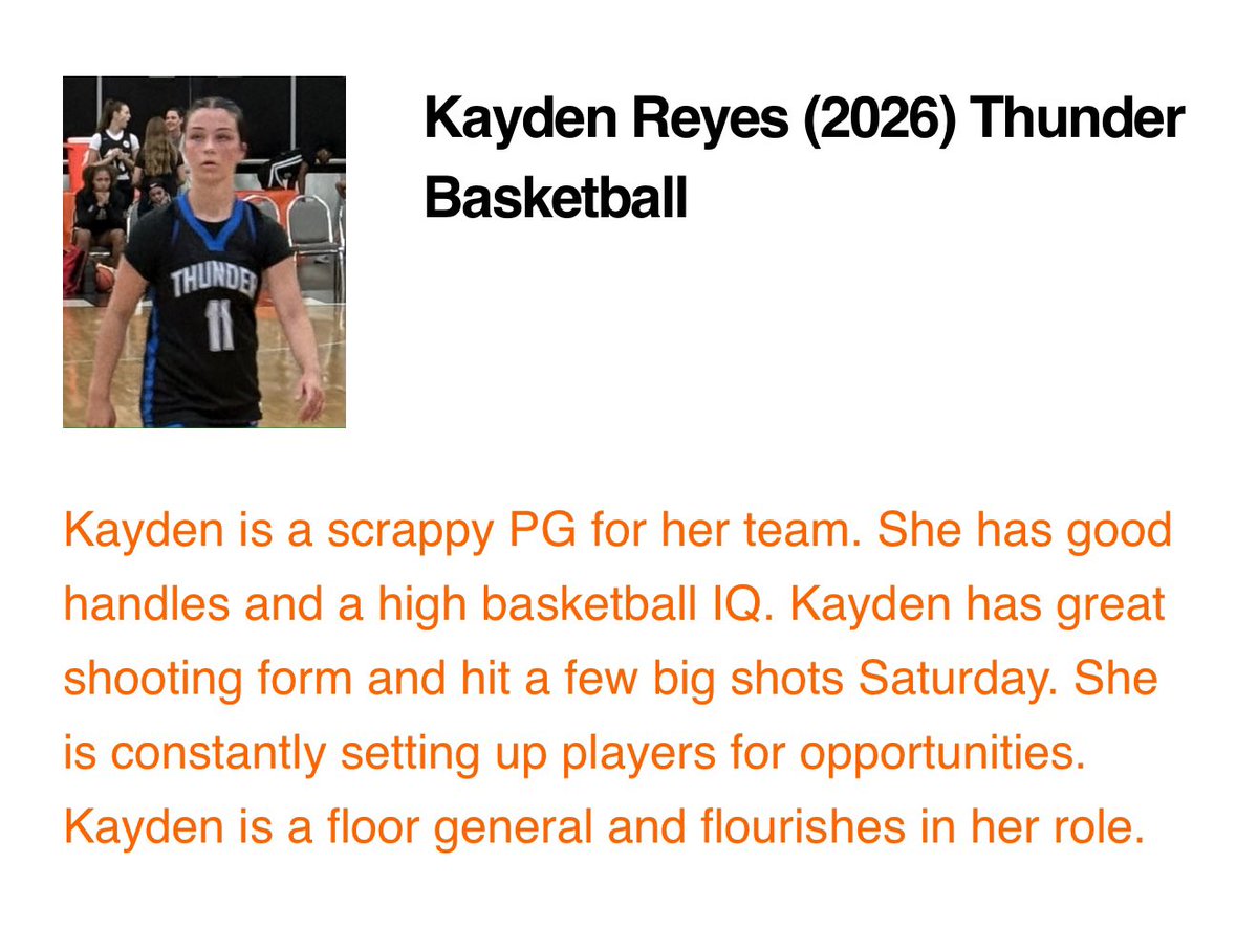 Kayden Reyes (@kayden_baller13) on Twitter photo Thanks NE2K for the write up!! Had a blast this week and looking forward to next week!!
<a href="/NE2KHoops/">NE2KHoops</a>
<a href="/thunderbballinc/">Thunderbball</a>
<a href="/LadyBisonHoops/">North Sand Mountain Lady Bison Basketball</a> Thanks NE2K for the write up!! Had a blast this week and looking forward to next week!!
<a href="/NE2KHoops/">NE2KHoops</a>
<a href="/thunderbballinc/">Thunderbball</a>
<a href="/LadyBisonHoops/">North Sand Mountain Lady Bison Basketball</a>