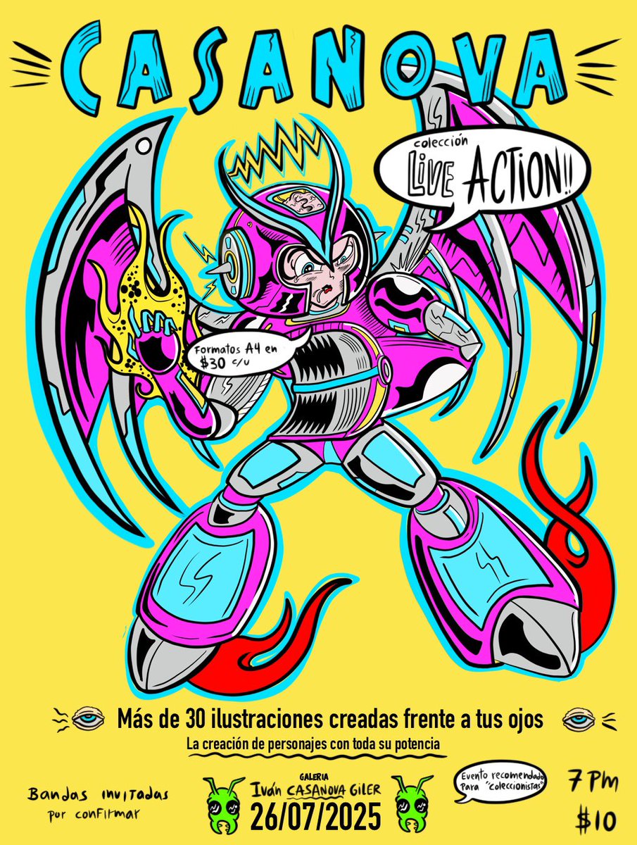 “CASANOVA! Colección LIVE ACTION!”

Estaré ilustrando frente a ustedes personajes del universo de Uzz Citriques como Uzz Gruken, Albacora Kid, Ant-One, Paulo Raposso, Sebas Amebas y muchas criaturas más.

Son más de 30 ilustraciones sobre cartulina couche en formato A4.