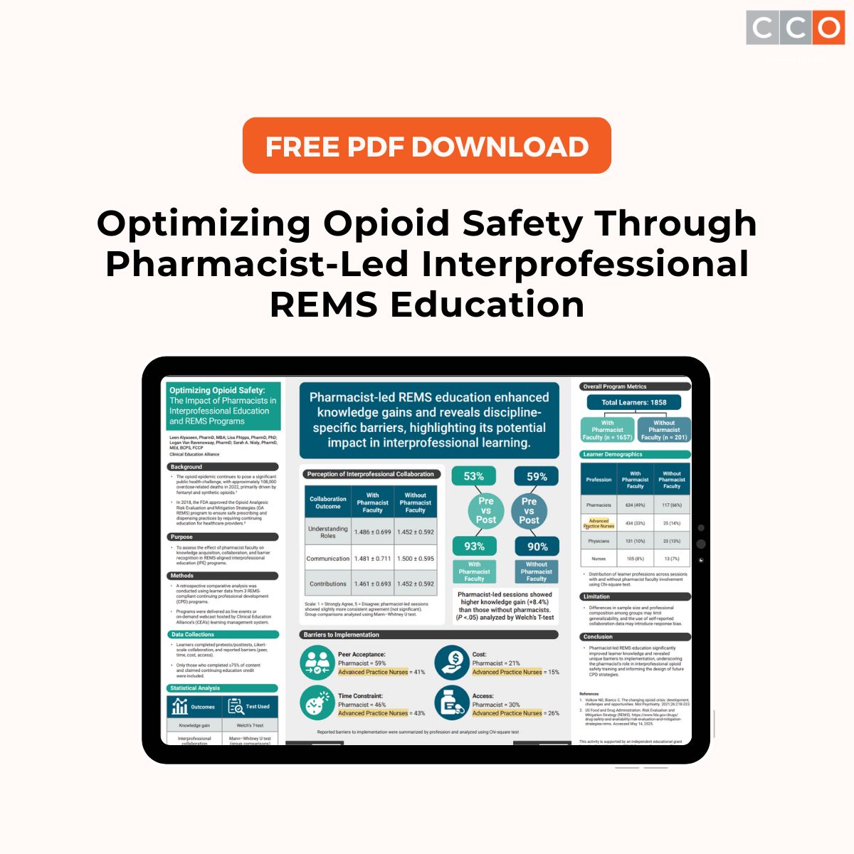 Download our latest PDF to explore how pharmacist-led, REMS-aligned interprofessional education improves knowledge and addresses key profession-specific barriers in opioid safety training. 

📄 Access the full resource now and enhance your team’s approach to safe opioid