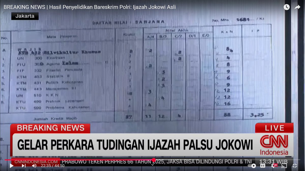 Transkrip nilai ASLI Mahasiswa Fakultas Kehutanan UGM lulus 1985, yang saya lihat dengan mata kepala saya sendiri, dan buktinya ada pada saya

Berbeda 180 derajat dengan Transkrip Nilai "Mahasiswa" yang ditunjukkan BARESKRIM tanggal 22 Mei 2025.

Transkrip nilai ASLI seorang