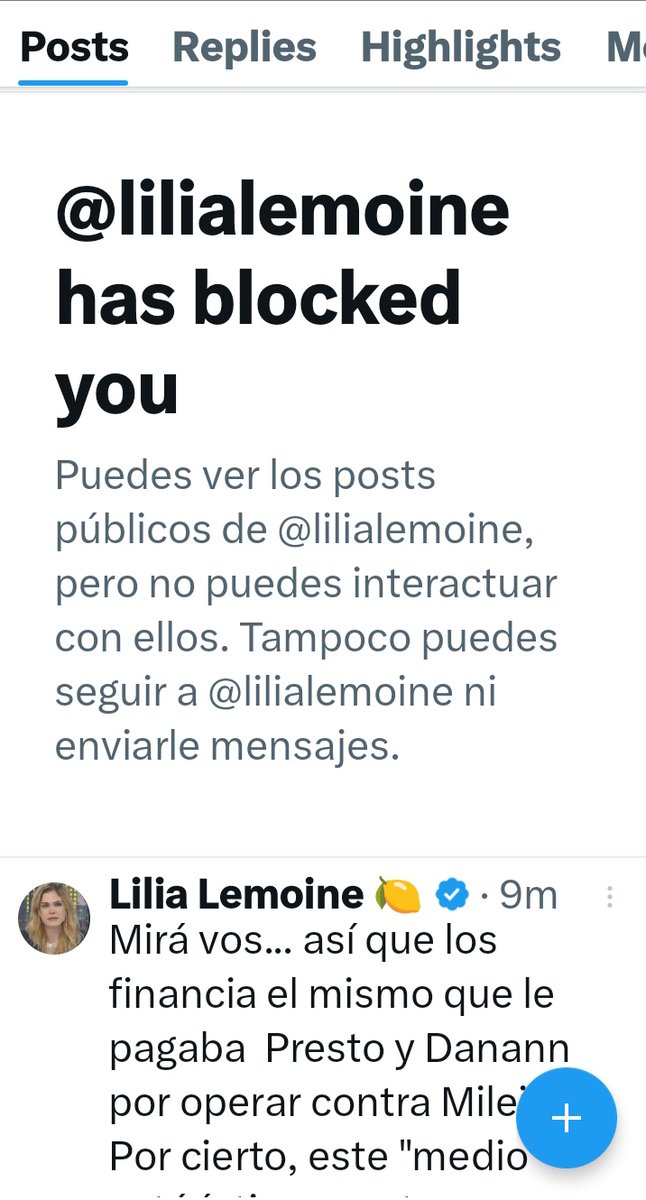 Me bloqueó Lilia Lemoine; yo creí habíamos pegado onda pero parece que no...
