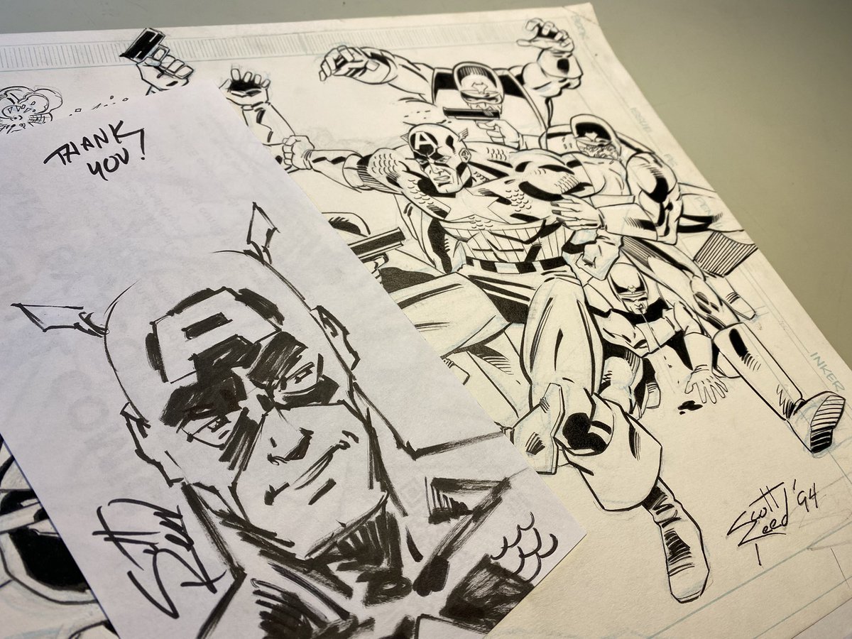 _Scott_Reed_'s tweet photo. Recent art sale of an oldie from 1994 (penciled and inked on one of the many Malibu Comics art boards I had when I worked there). Also shown, a quick thank you sketch. Hi-res scan the original art is at my Patreon page:

https://t.co/ZDDMEOCvyn https://t.co/2lOtFBa8Vv