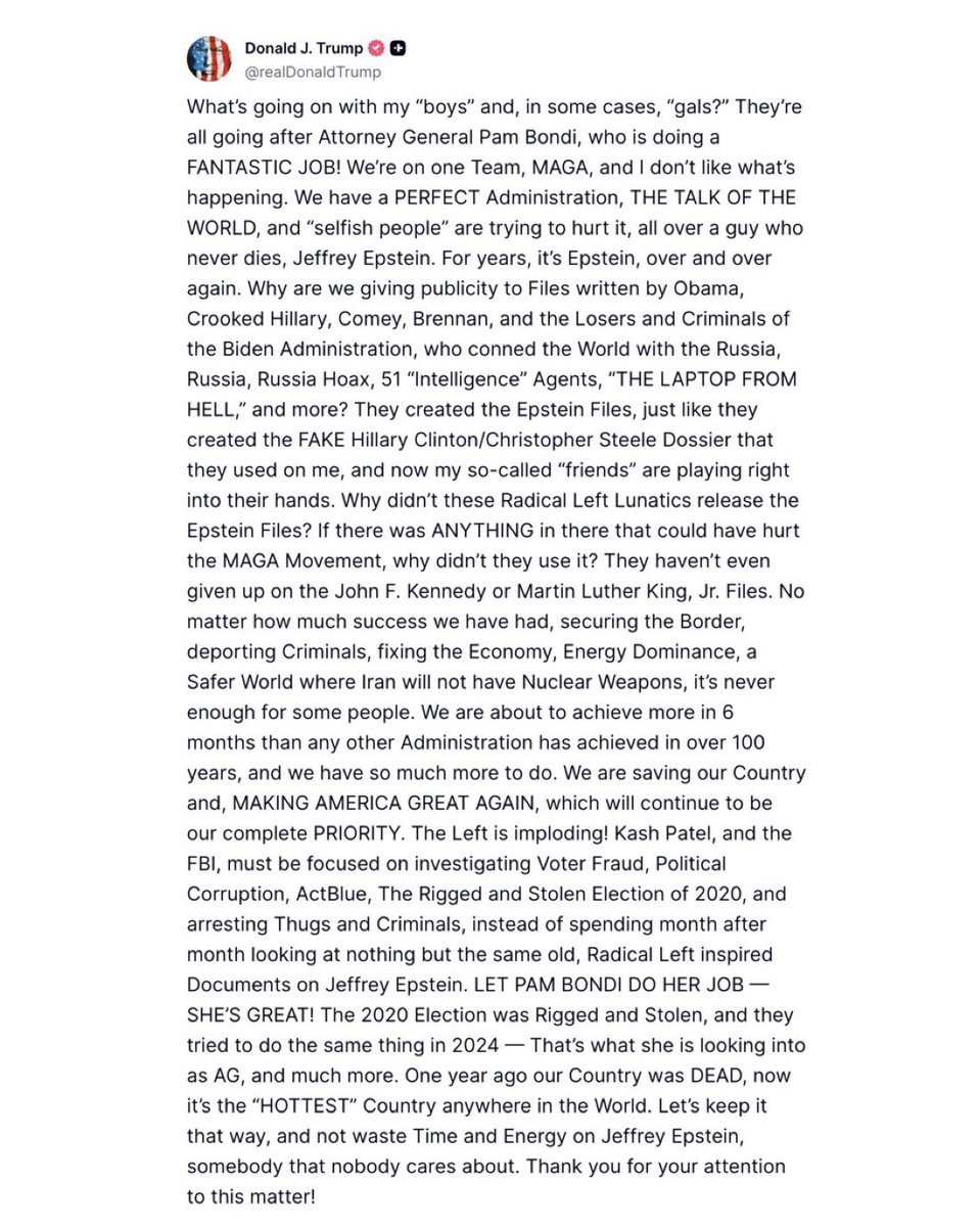 Justin T. Haskins (@justinthaskins) on Twitter photo .<a href="/realDonaldTrump/">Donald J. Trump</a> blaming Biden, Obama, and their allies for the Epstein list is a TERRIBLE strategy. Just terrible. No one wants to hear that, on the left or right. No one thinks the story has been told completely. Something—or many things—are still being kept from the public. .<a href="/realDonaldTrump/">Donald J. Trump</a> blaming Biden, Obama, and their allies for the Epstein list is a TERRIBLE strategy. Just terrible. No one wants to hear that, on the left or right. No one thinks the story has been told completely. Something—or many things—are still being kept from the public.
