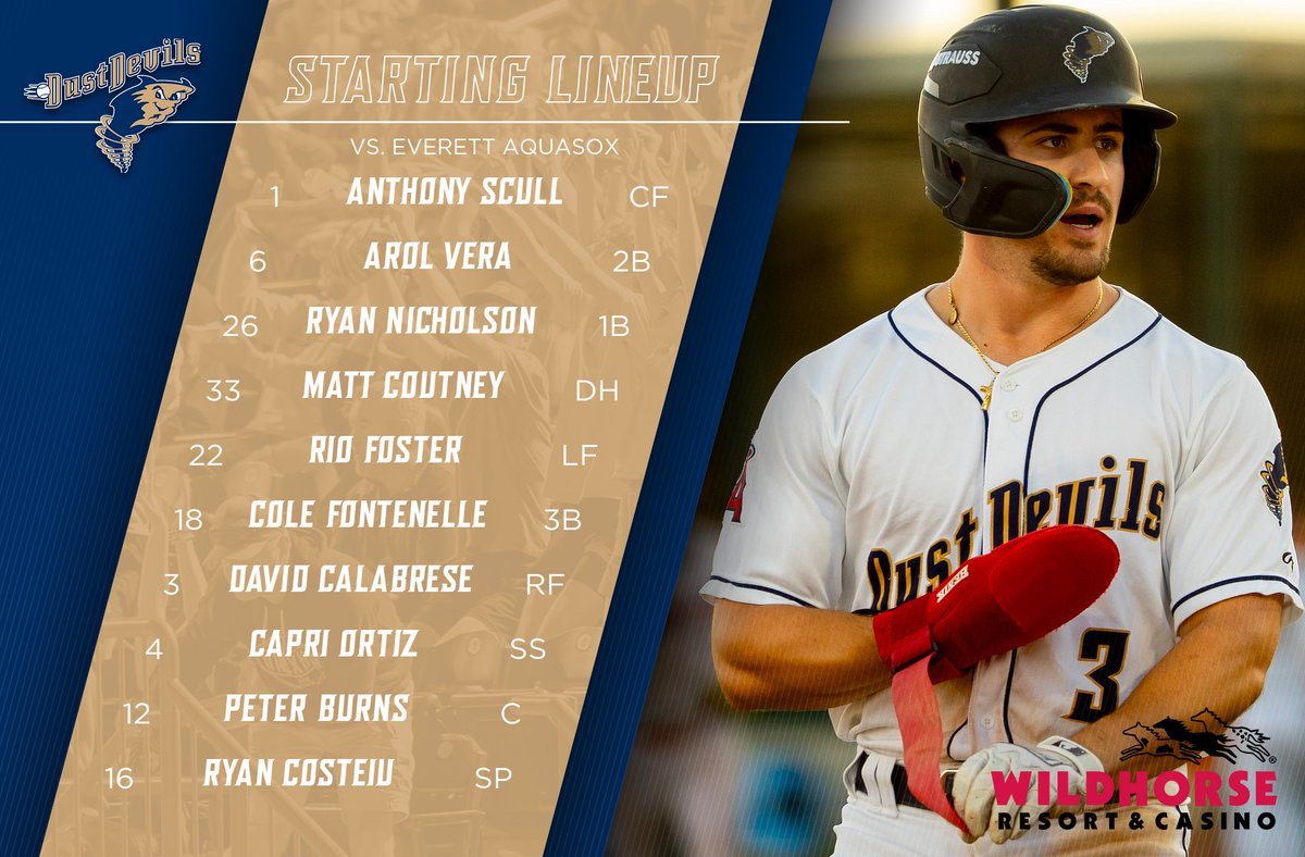 TC_DustDevils's tweet image. Back as the Dust Devils and it feels so good! Here is tonight's starting lineup presented by Wildhorse Resort and Casino. Gates open at 6:05pm with first pitch set for 7:05. #tcdustdevils