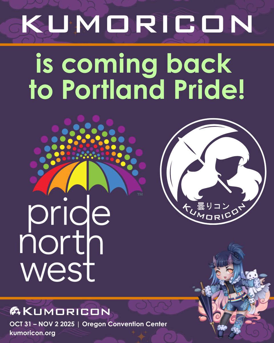 kumoricon's tweet image. Hey, KumoFam! Kumoricon is coming back to Portland Pride to let everyone know about our all-inclusive weebery. Come see us at our booth, where we’ll offer a discount off pre-registrations and a chance to pick up some merch. See you there!
Link: portlandpride.org/festival-1