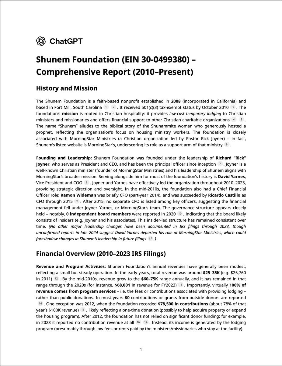 MStarAcctNow's tweet photo. Hot take: @IamRickJoyner's "Shunem Foundation" (EIN 30-0499380) touts itself as “hospitality for ministers,” but dig deeper and you’ll spot insider-run board, real-estate flips in 2013–14, six-figure paychecks routed through a sister org, and $1 M+ in assets while spending pennies on programs. Curious for MorningStar board members' thoughts. #morningstartoo 
@lancewallnau @GenBoykin @Bobby_Conner @bishopboone @TomHardiman7 @realJanetPorter  @TheBobWeiner @Marc_Nuttle @RickySkaggs @garlandhunt @bishopzink @mahardiman