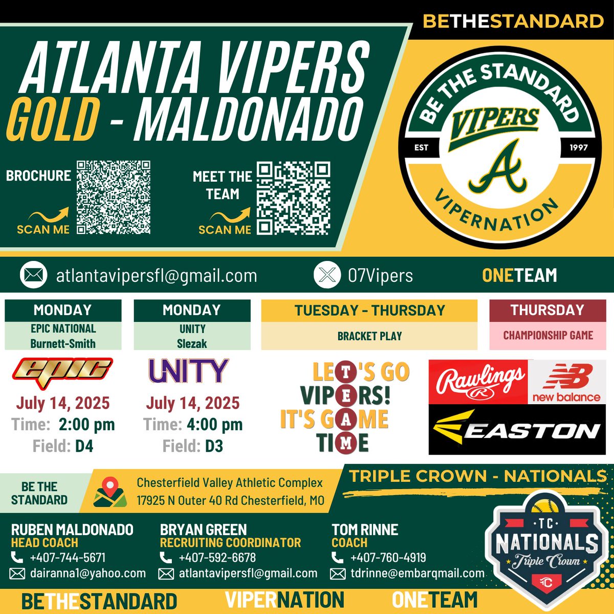 Atlanta Vipers Gold '07 - Maldonado (@07vipers) on Twitter photo Next stop: Triple Crown Nationals! Time to leave it all on the field and finish the season strong. Let’s go, Vipers! #BeTheStandard #vipernation
<a href="/triplecrownspts/">Triple Crown Sports</a> <a href="/thevipernation/">Atlanta Vipers Fastpitch</a> Next stop: Triple Crown Nationals! Time to leave it all on the field and finish the season strong. Let’s go, Vipers! #BeTheStandard #vipernation
<a href="/triplecrownspts/">Triple Crown Sports</a> <a href="/thevipernation/">Atlanta Vipers Fastpitch</a>