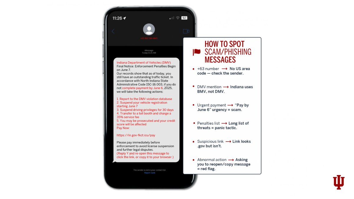 IndianaUniv's tweet image. Surveys show that 69% of Hoosiers are not confident in their ability to spot a phishing scam — are you? 🤨
Learn how to spot a scam email or text message with UITS. 📲 ↪️ bit.ly/3TYbOEm