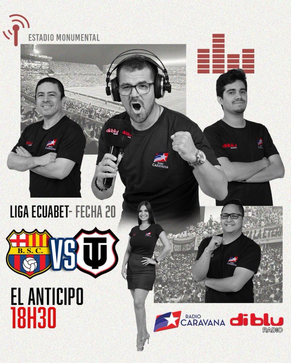 Radio Caravana (@caravana750) on Twitter photo 🔥¡ARRANCA LA PREVIA!
🎙️ <a href="/RiveraJuanca/">Juan Carlos Rivera C 🇪🇨</a>
🎙️ <a href="/PatoCornejo/">Patricio Cornejo</a>
🎙️ <a href="/CarlosXArguello/">Carlos Xavier Argüello</a>
🎙️ <a href="/nicorivera05/">Nicolás Rivera</a>
🎙️ <a href="/nadia_manosalva/">nadia manosalvas </a>
🟡 <a href="/BarcelonaSC/">BARCELONA S.C.</a> 🆚 <a href="/TecnicoUOficial/">TécnicoUniversitario</a> 🔴
🏆 <a href="/LigaEcuabetec/">Liga Ecuabet</a>
🗓️ Fecha 20
🏟️ Monumental
⏰ 19H00
👉🏻 Escúchalo por radiocaravana.com y diblu.ec 🔥¡ARRANCA LA PREVIA!
🎙️ <a href="/RiveraJuanca/">Juan Carlos Rivera C 🇪🇨</a>
🎙️ <a href="/PatoCornejo/">Patricio Cornejo</a>
🎙️ <a href="/CarlosXArguello/">Carlos Xavier Argüello</a>
🎙️ <a href="/nicorivera05/">Nicolás Rivera</a>
🎙️ <a href="/nadia_manosalva/">nadia manosalvas </a>
🟡 <a href="/BarcelonaSC/">BARCELONA S.C.</a> 🆚 <a href="/TecnicoUOficial/">TécnicoUniversitario</a> 🔴
🏆 <a href="/LigaEcuabetec/">Liga Ecuabet</a>
🗓️ Fecha 20
🏟️ Monumental
⏰ 19H00
👉🏻 Escúchalo por radiocaravana.com y diblu.ec
