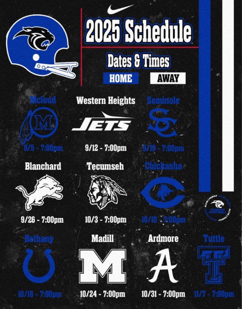 Checkout the fall schedule for your Harrah Panthers.

Save these dates, Panther Nation 📆

#FAM1LY | #ALL1N 🔵⚫️⚪️