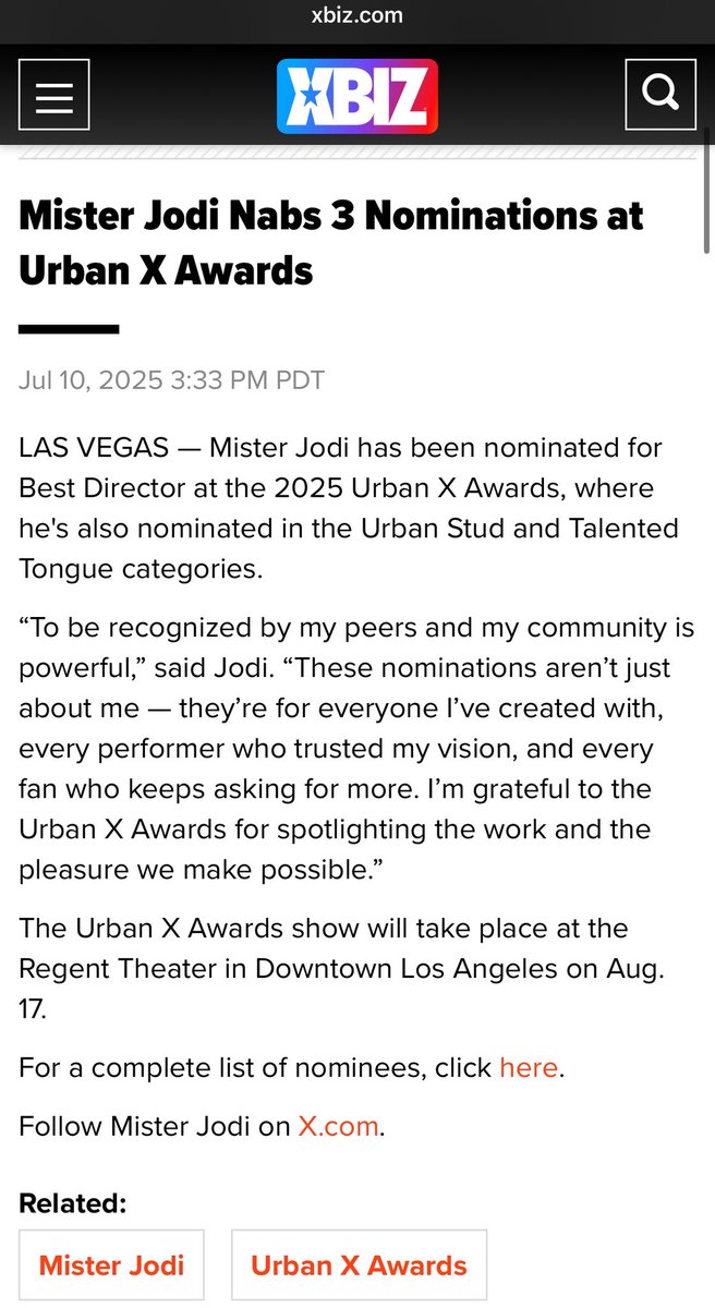 Surprised by the 🏆🏆🏆 <a href="/urbanXawards/">The Urban X Awards</a> nominations .
Thank you to those voting for me