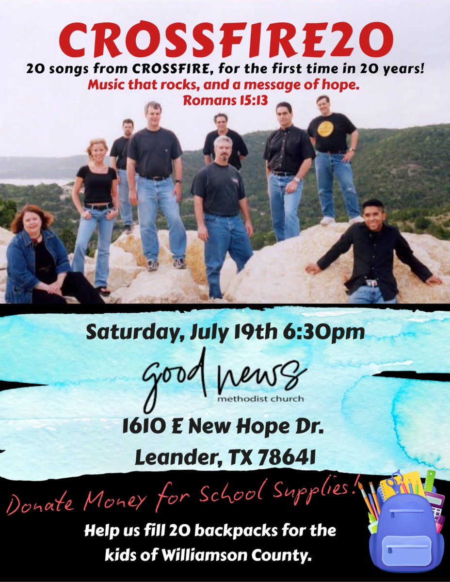 RockinRandy's tweet photo. One week from tonight! 💗😎👍🏼🎶🎸🥁🎹✝️🔥 Doors open at 6pm for Food, Fun &amp; Fellowship...and the concert starts at 6:30pm! 😲 20 Songs from CROSSFIRE for the first time in 20 YEARS! 🙏🏻

Help us raise $ to donate 20 Backpacks to the "Backpack Attack" for the kids of Leander I.S.D. https://t.co/HAllItn8by