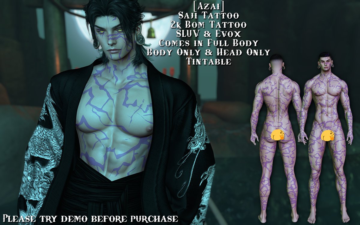 Releasing the Saji Demon Tattoo today! 

Can find out more information here:
marketplace.secondlife.com/p/Azai-Saji-De…

Please be sure to try the Demo! &lt;3