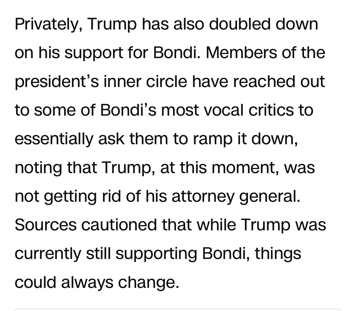 Matt Zapotosky (@mattzap) on Twitter photo Interesting new detail from <a href="/KristenhCNN/">Kristen Holmes</a> … Trumpworld is privately reaching out to Bondi critics asking them to cool things down, because — as his Truth post telegraphs — he’s not getting rid of the AG. cnn.com/2025/07/12/pol… Interesting new detail from <a href="/KristenhCNN/">Kristen Holmes</a> … Trumpworld is privately reaching out to Bondi critics asking them to cool things down, because — as his Truth post telegraphs — he’s not getting rid of the AG. cnn.com/2025/07/12/pol…