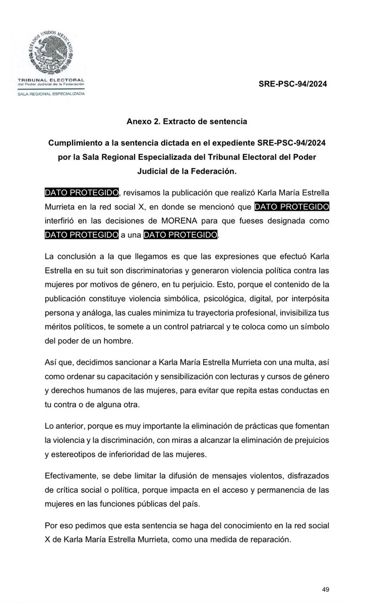 KarlaMaEstrella's tweet image. En cumplimiento a la sentencia SRE-PSC-94/2024 publico el extracto de la misma:
