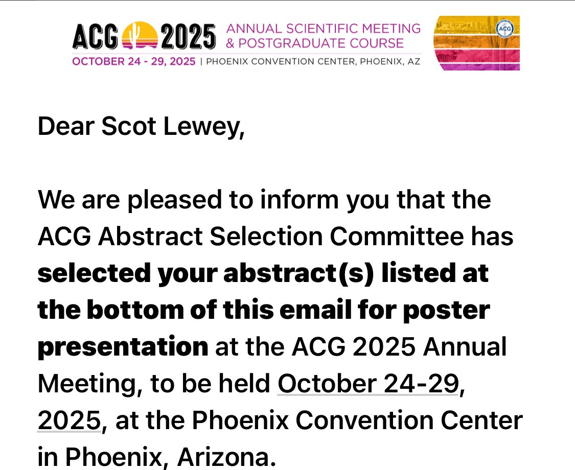 EUSandEndoscopy's tweet image. Two #EUS abstracts accepted for poster presentation at 2025 ACG meeting in Phoenix.