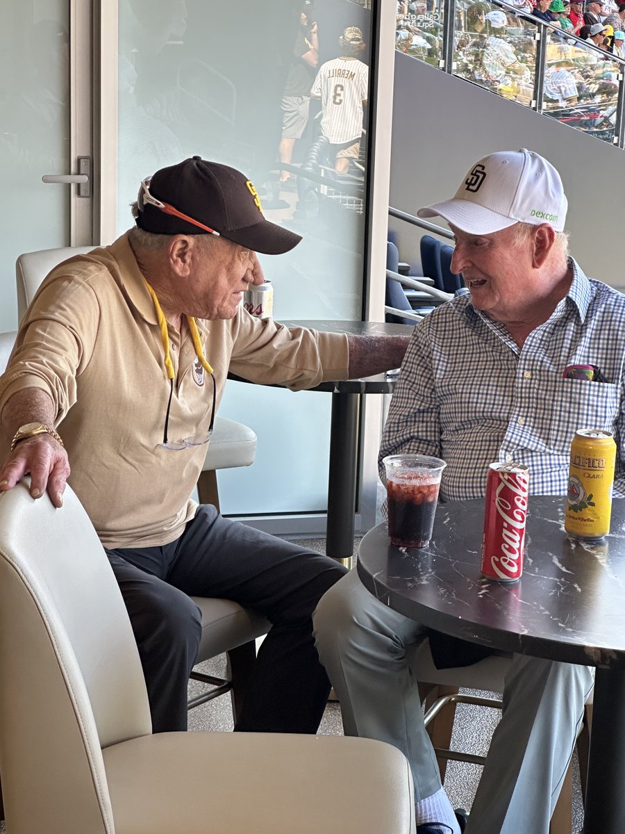 Two legendary lefties at Petco Park today: Randy Jones &amp; “Rocket” Rod Laver. If you never got to see Rocket double-fist Pacificos at C-word tailgates at Jack Murphy/Qualcomm, your life is sadly incomplete. Oh, and look what he’s having today! No Bundy (Aussies will know).