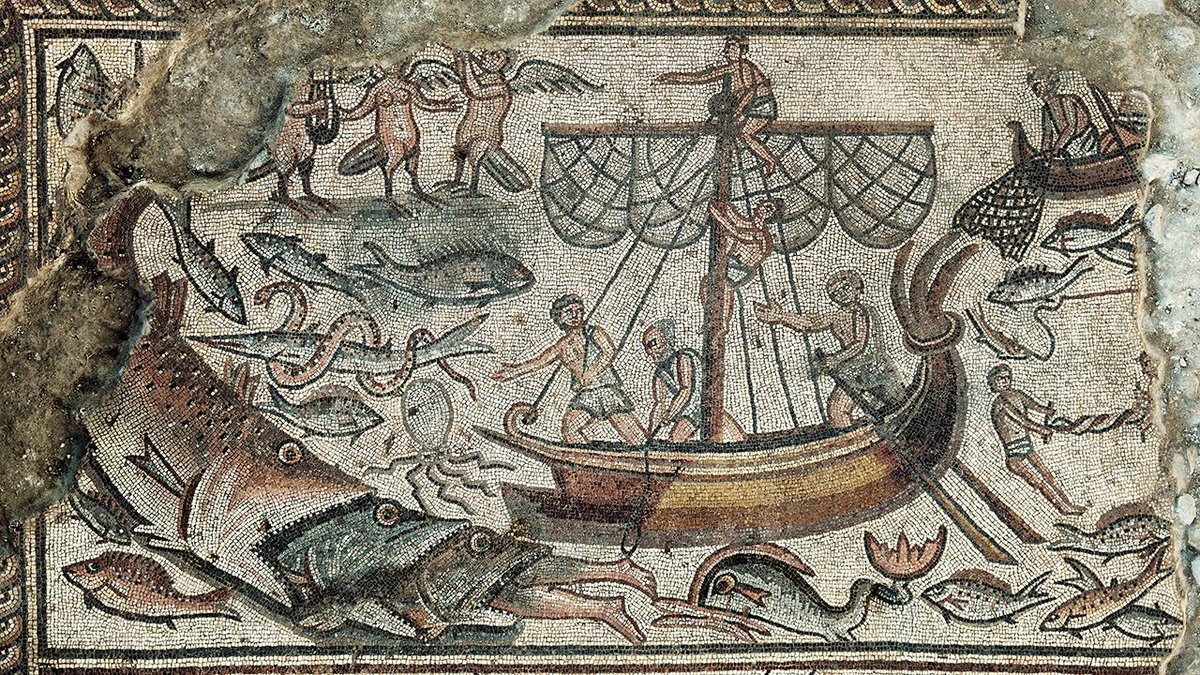A team headed by Prof. Jodi Magness from the University of North Carolina has uncovered a mosaic from a 5th century synagogue in Huqoq, Galilee. It's very rare for ancient Jewish art to depict people and non-Biblical scenarios, so this discovery is quite stunning.