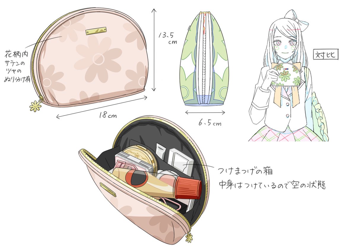 着せ恋14話、あまね登場でした🎀
メイク道具は液体のりなどの他に汗に強そうなもの、涙袋用のアイテムを入れてます。
基本ドラッグストアで揃えているけどリップグロスはデパコス使ってテンション上げてそう！つけまは毛量より長さと束感で選んでそう！というイメージで描いてみました。
#着せ恋アニメ