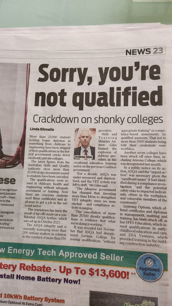 AlexLWallace's tweet image. Albo's government cracks down on shonky colleges in big win for Labor and academic integrity. Sunday Mail chooses to bury this on Page 23. #newscorpse