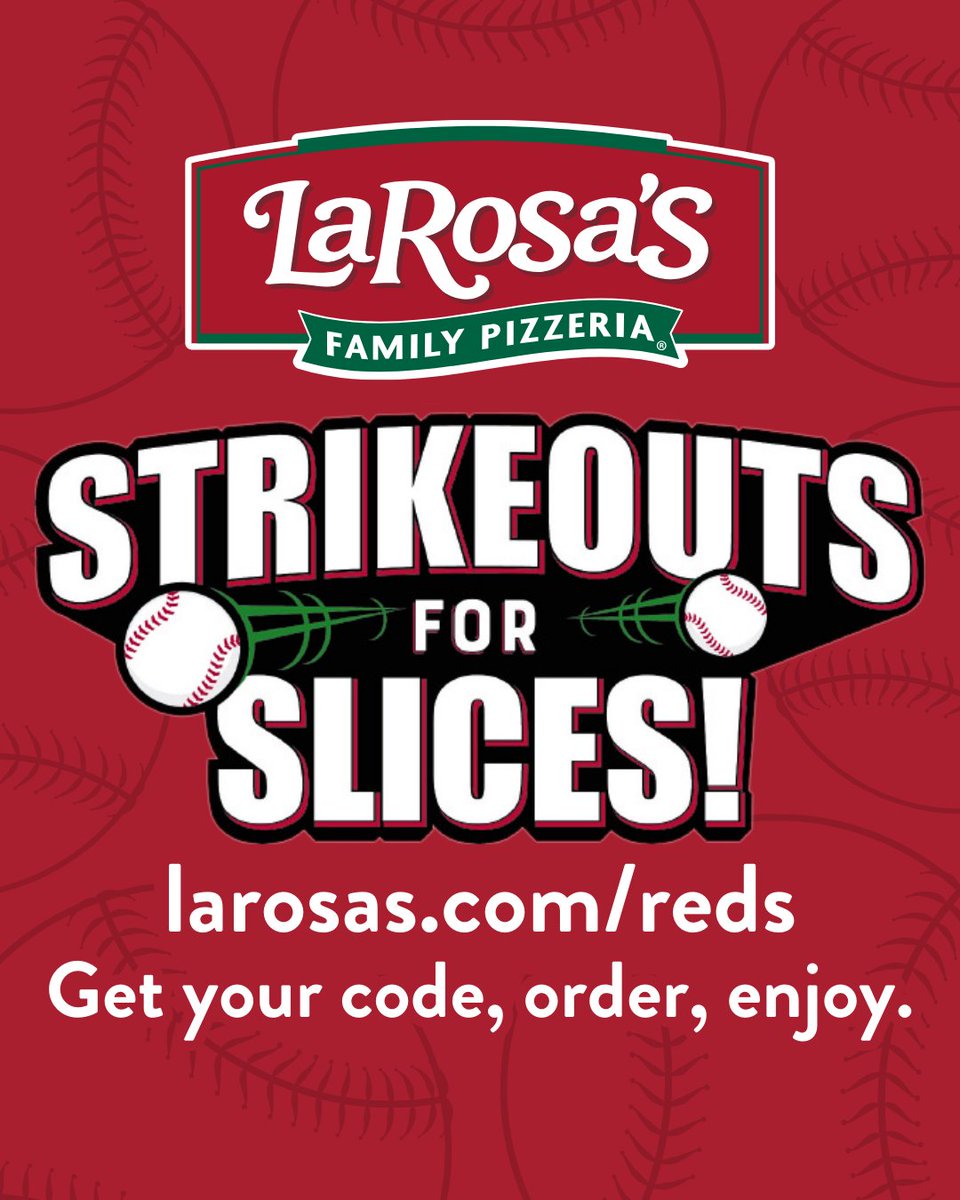 The Cincinnati Reds have done it again! Eleven strikeouts means ticketholders from today’s game have won a Free Small 1-Topping Pizza! To get your offer code, the day after the game, visit larosas.com/reds and enter the 12 letters/numbers found under your ticket bar code.